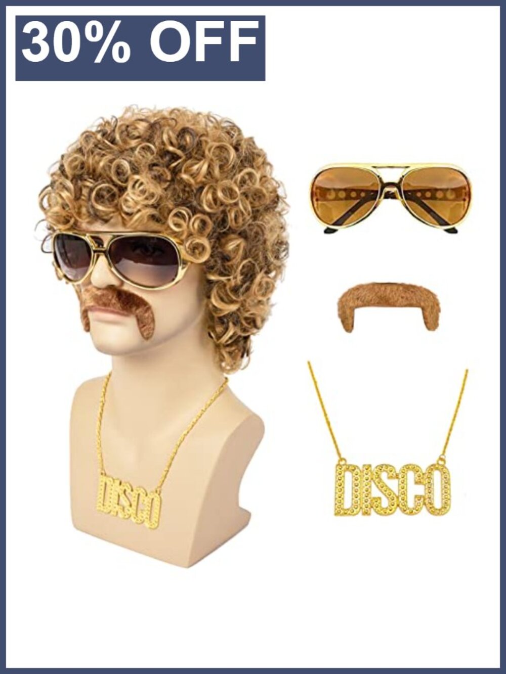 Mens Afro Disco Wig 5Pc Set Heat Resistant Synthetic Curly for Halloween